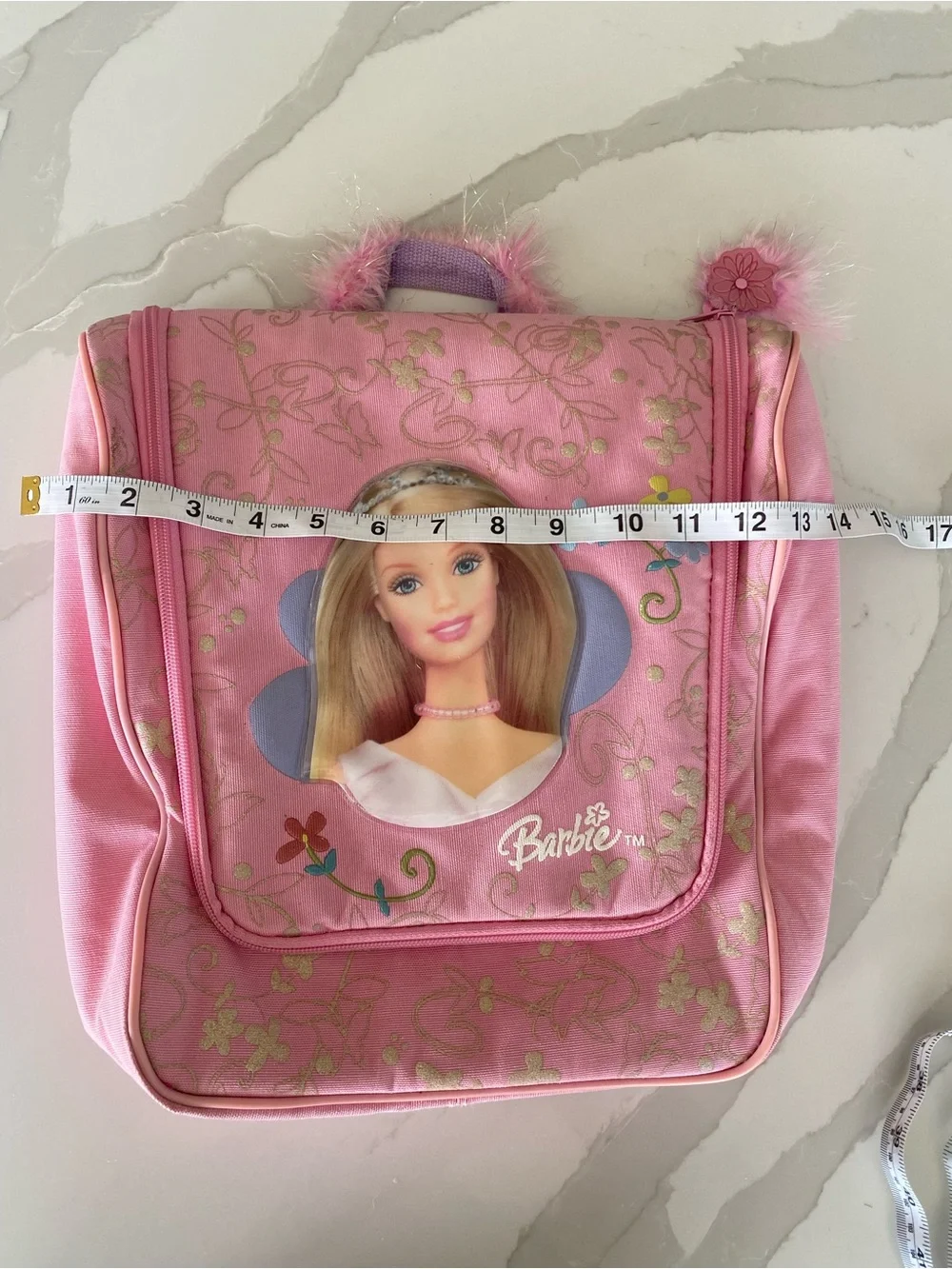 Vtg y2k Barbie Pink Hanging travel doll Makeup Bag w/ Hook & feather handle